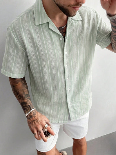 Men's Slim Fit Linen-Like Striped Shirt, Minimalist Stylish Mandarin Collar Top, Fashionable & Refreshing For Summer Wear